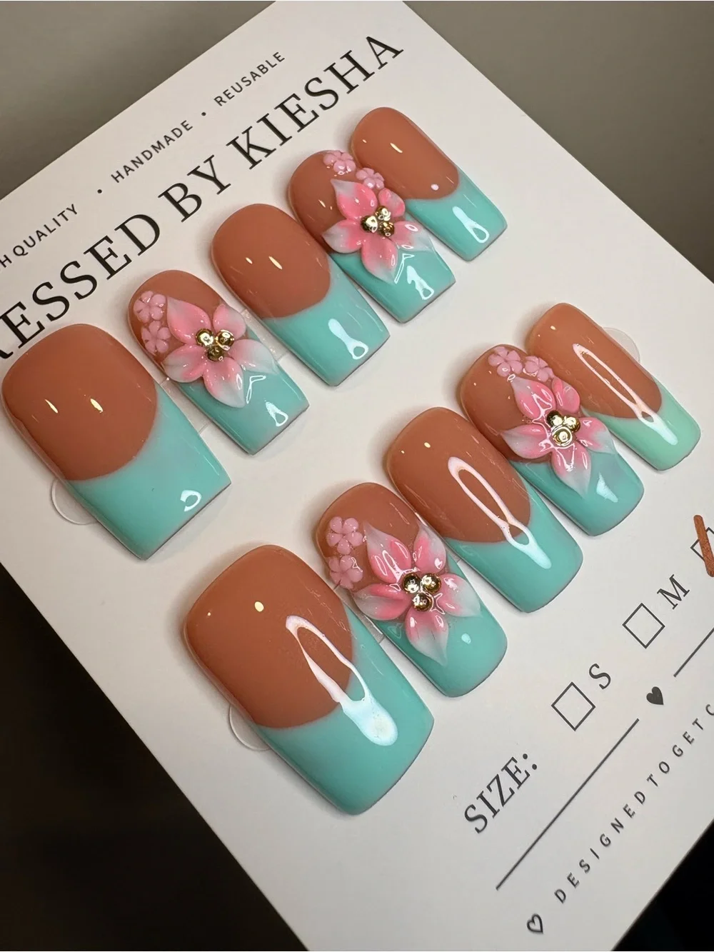 Brown & Mint Floral Press-On Nails